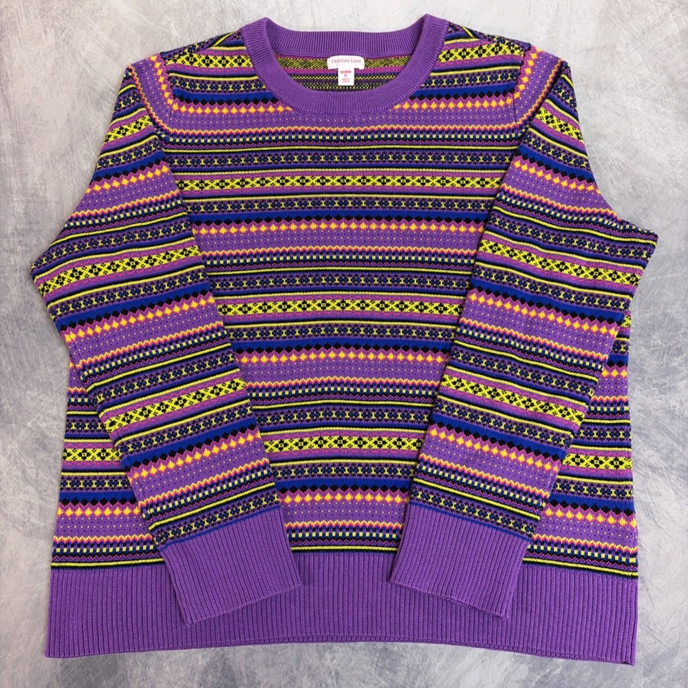 Holiday Lane Sweater Womens‎ XL Purple Fair Geometric Knit Crewneck Long Sleeve